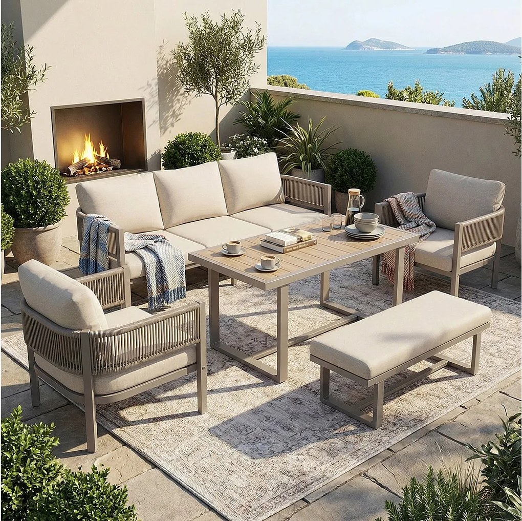 Zestaw mebli ogrodowych 6-osobowy - sofa + 1 stół + 2 fotele + 1 ławka + poduszki - metal + poliester - beż