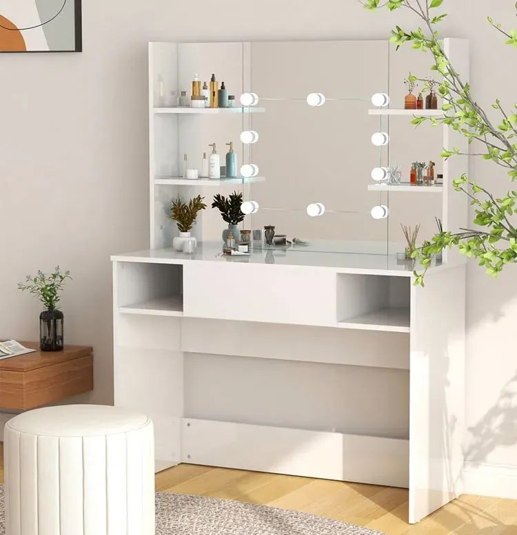 Biała toaletka do makijażu z żarówkami led - Zowros 4X