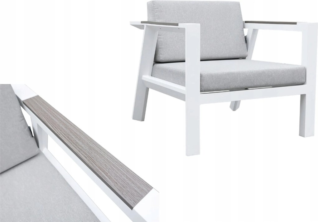 Zestaw mebli ogrodowych biały aluminium sofa fotele stolik drewniane detale