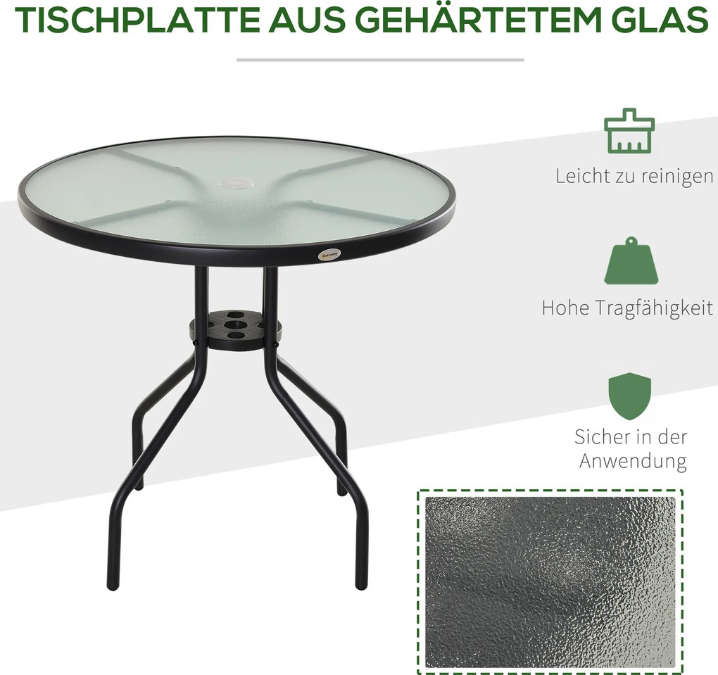 Outsunny® stół ogrodowy balkonowy bistro meble ogrodowe otwór na parasol szkło hartowane + metal czarny ø80 x 72 cm