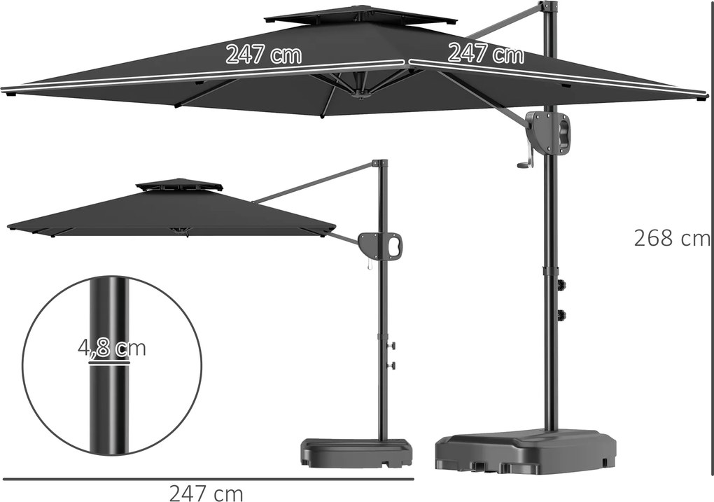 Outsunny Parasol boczny 247 x 247 cm regulowany z podwójnym dachem, korbą i podstawą, wodoodporny, ciemnoszary | Aosom PL