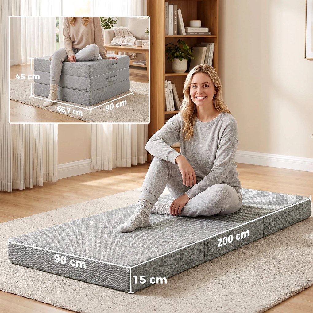 HOMCOM Materac składany 200 x 90 cm, 15 cm, składany materac, przenośny materac podłogowy z pralnym pokrowcem, certyfikat Oeko-Tex | Aosom PL