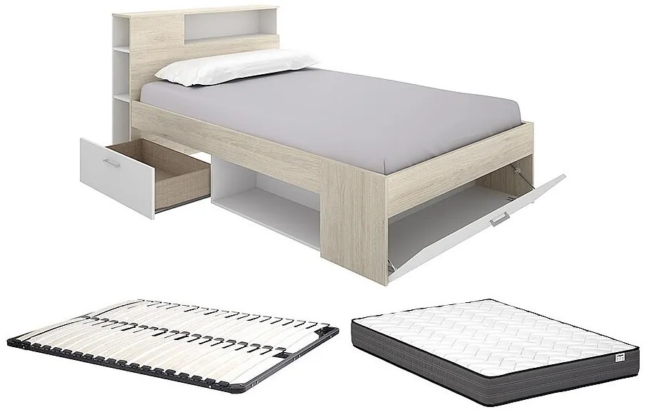 Łóżko z zagłówkiem, schowkami i szufladą - 120 x 190 cm - Naturalny i biały + Stelaż + Materac - LEANDRE