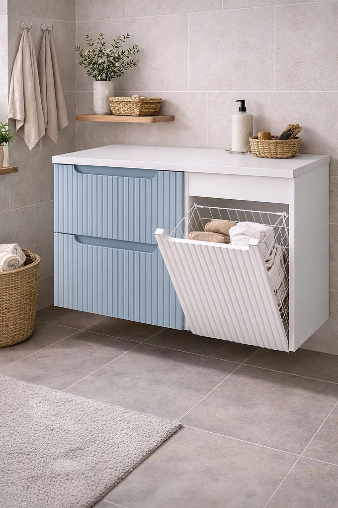Niebiesko-biała szafka łazienkowa z koszem na pranie D9-Z61