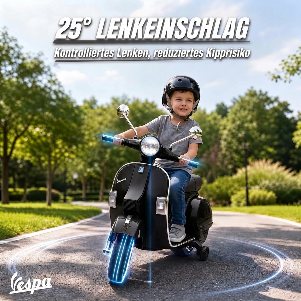 AIYAPLAY Elektryczny motocykl dziecięcy Vespa PX150 12V z akumulatorem litowym 35W 2 silniki 25° ograniczenie skrętu dla dzieci 3-6 lat | Aosom PL