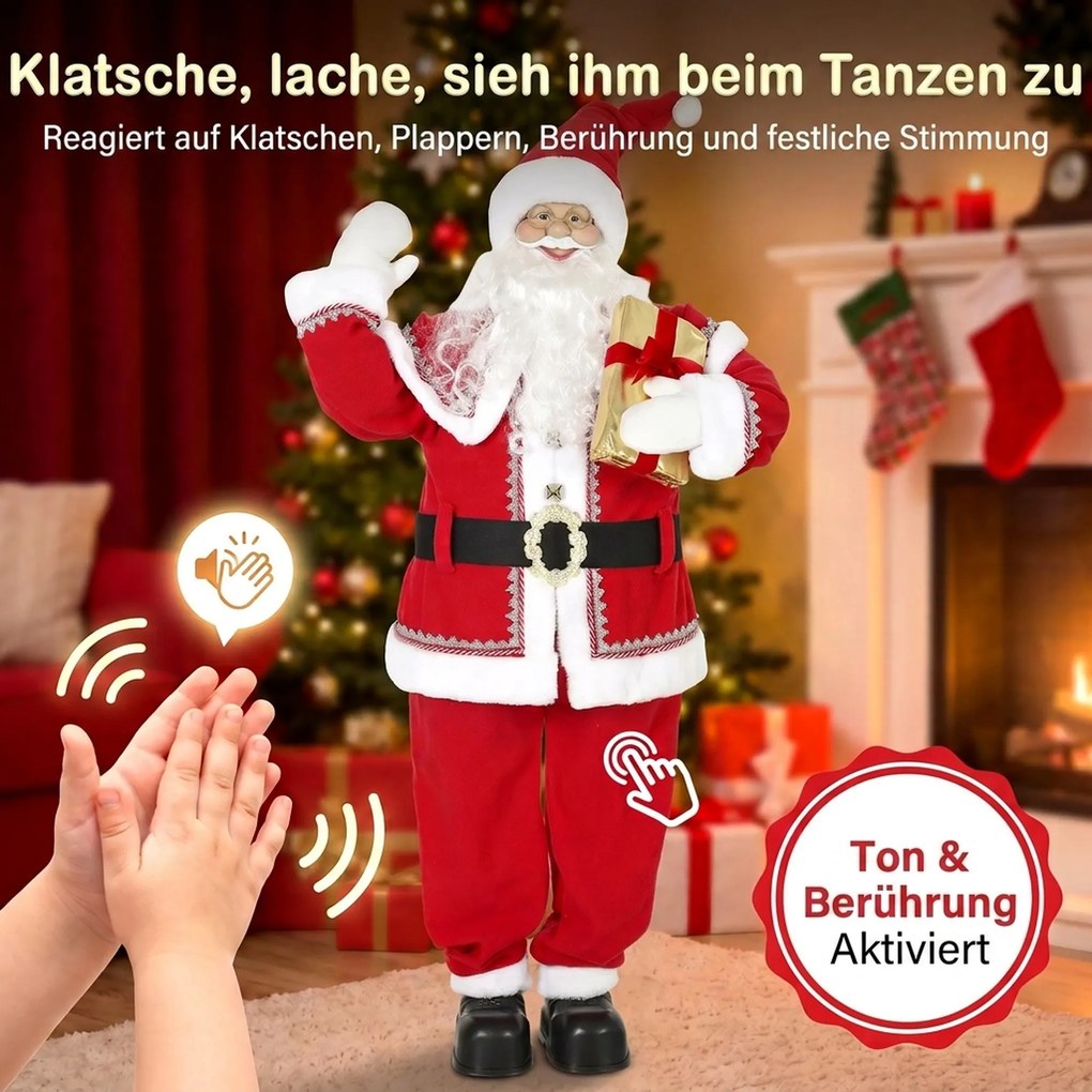 HOMCOM Życiowej wielkości śpiewający Mikołaj 150 cm, animowana figurka muzyczna z obracającą się głową, machającą dłonią i prezentem | Aosom PL