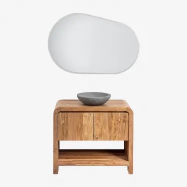 Zestaw Mebli Łazienkowych Z Drewna Vacry Akacja Brąz & Okrągły Szary Cement Ø40 Cm Tarsis & Owalna Lampa Led I Przeciwmgielna - Sklum