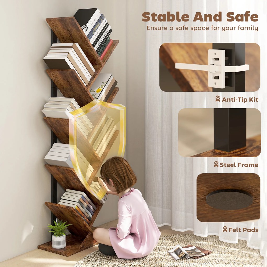 HOMCOM Regał stojący z 9 poziomami, wąski regał w kształcie drzewa do biura, rustykalny brązowy