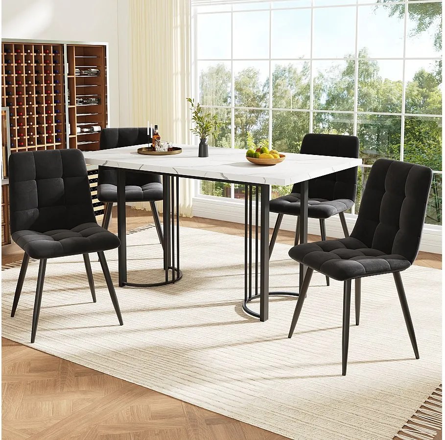 Zestaw stół rozkładany + 4 krzesła welurowe - 140/179,5 x 80 x 75,5 cm - MDF + nogi metalowe - biały + czarny