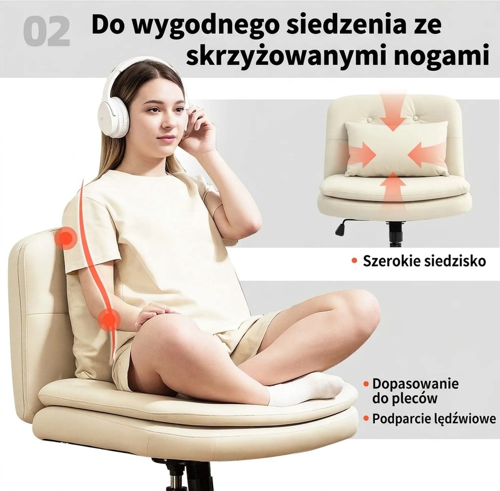 HOMCOM Fotel biurowy bez podłokietników z pokryciem ze sztucznej skóry, fotel biurowy z kółkami, dodatkowa poduszka, regulowany, obrotowy, beżowy