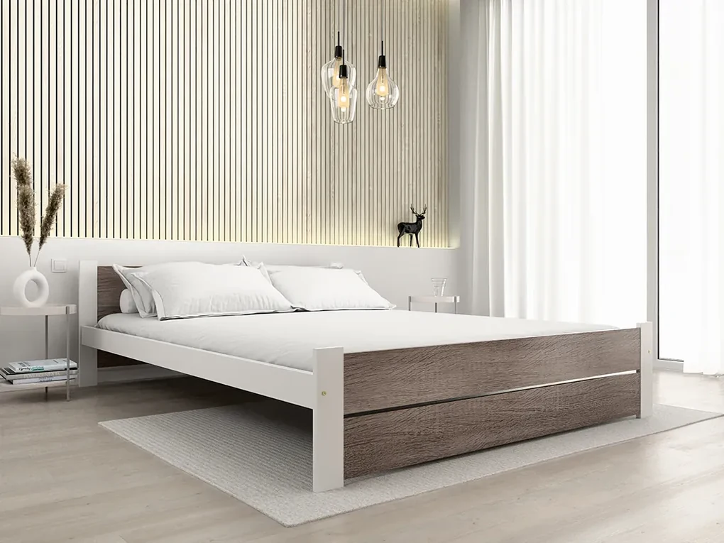 Łóżko IKAROS DOUBLE 180 x 200 cm, biały/dąb truflowy Stelaż: Ze stelażem listwowym rolowanym, Materac: Materac Somnia 18 cm