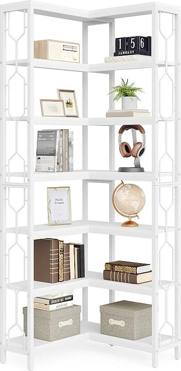 Narożny regał na książki, 7-poziomowy regał industrialny, półki narożne z drewna i metalu, wolnostojący regał ekspozycyjny do salonu