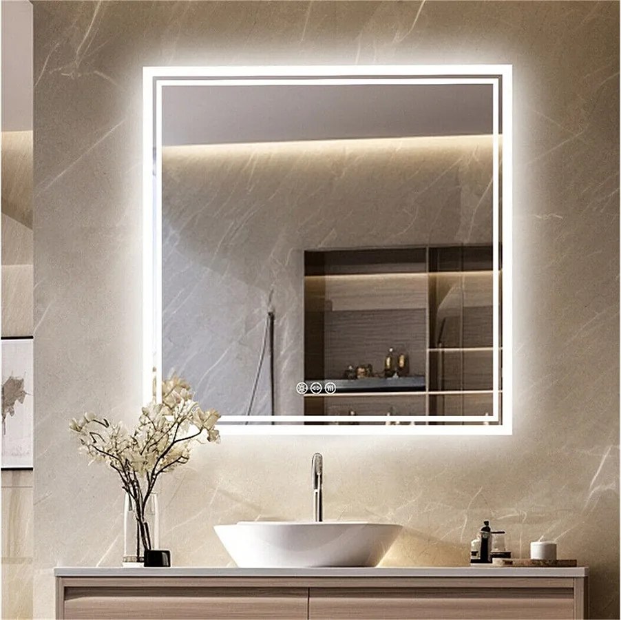 Lustro łazienkowe LED 80x80cm kwadratowe lustro ścienne z 3 regulowanymi kolorami 80x80cm