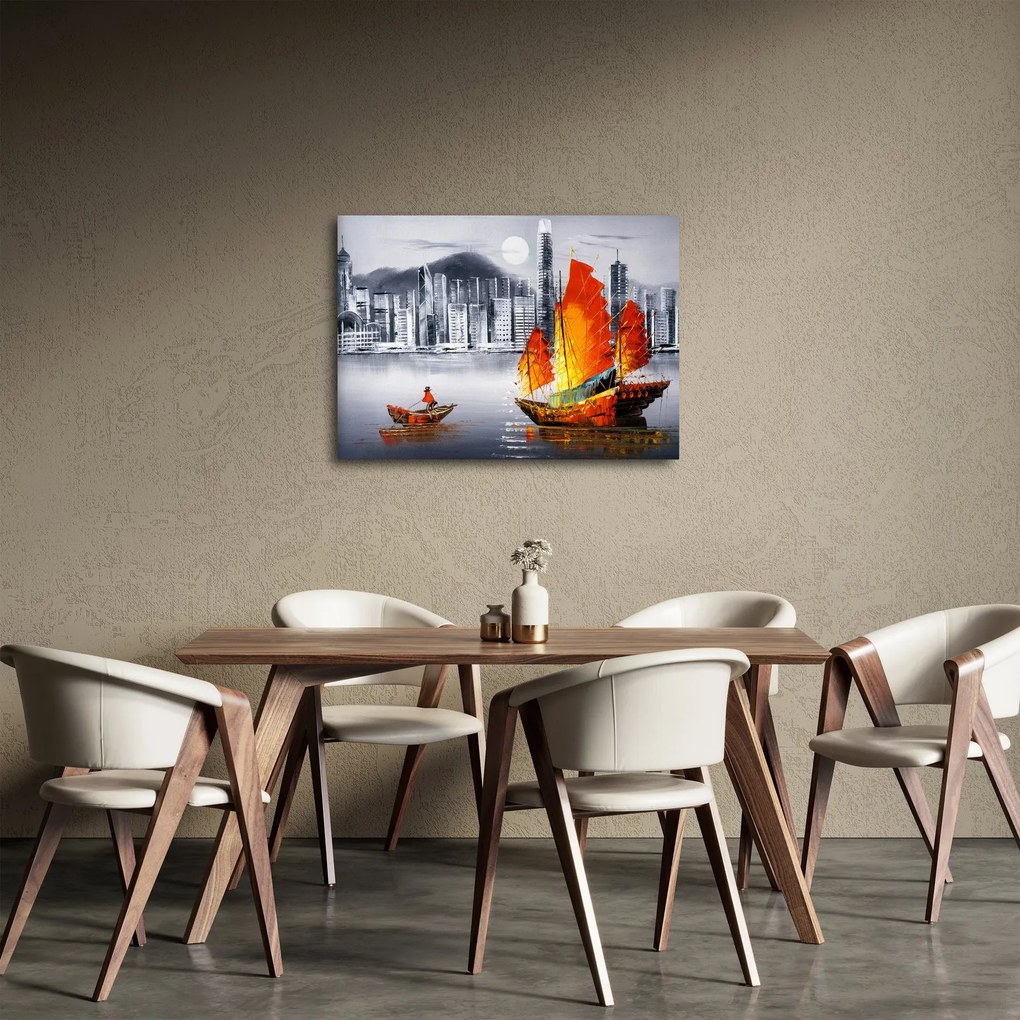 Obraz - Victoria Harbor, Hongkong, czarno-biały obraz olejny (70x50 cm)
