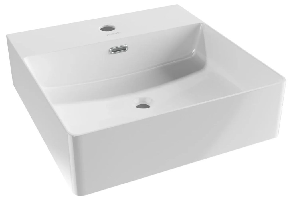Umywalka nablatowa / wisząca kwadratowa biała z otworem i z półką na mydło 42 x 42 cm SANYA z cienkim rantem typu Slim