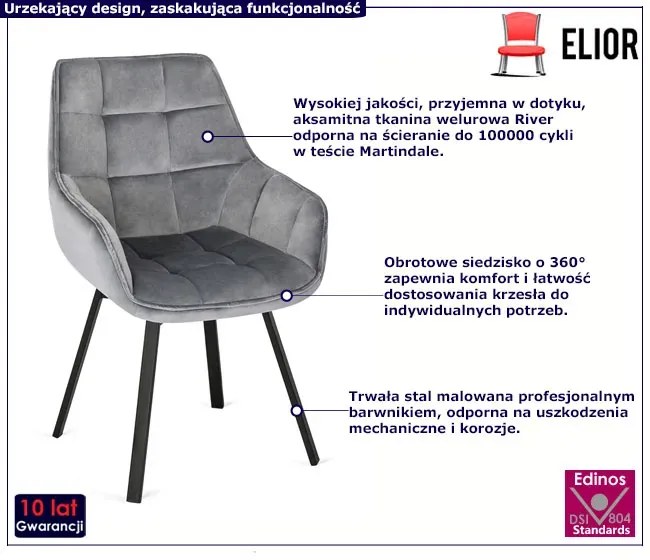 Szare obrotowe krzesło welurowe z podłokietnikami - Tamax 3X