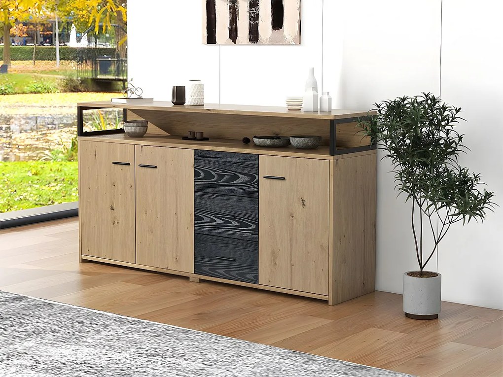 Bufet niski - 3 drzwi i 3 szuflady - styl industrialny - Naturalny i Czarny