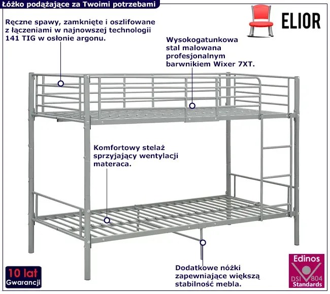Szare metalowe łóżko piętrowe 90x200 cm - Evex