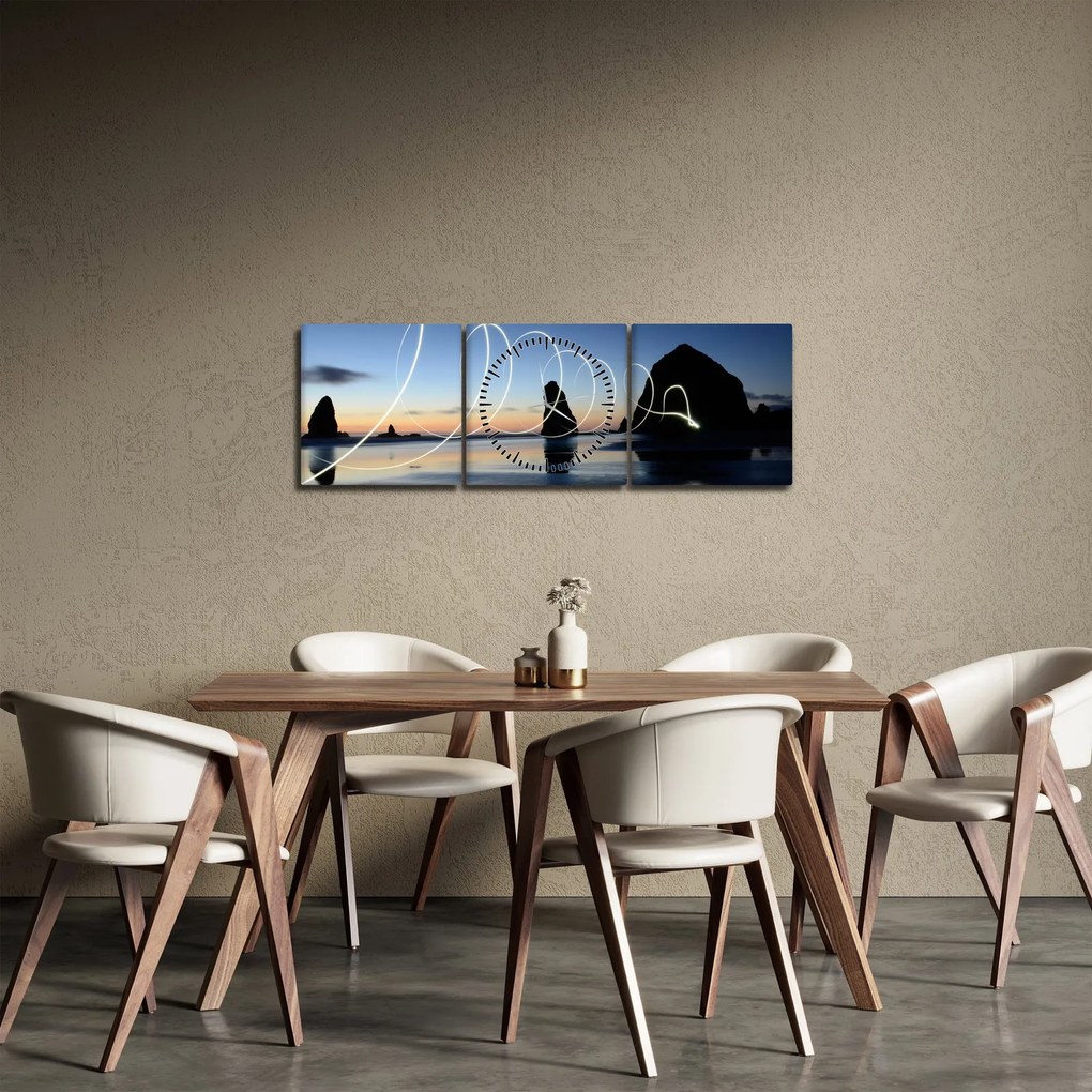 Obraz - plaża o zachodzie słońca (z zegarem) (90x30 cm)