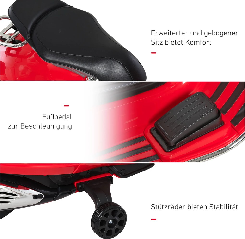 Motocykl dla dzieci HOMCOM z muzyką MP3 marki VESPA czerwony