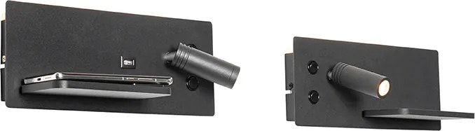 Zestaw 2 lamp ściennych czarnych w tym LED z USB i ładowarką indukcyjną - Riza