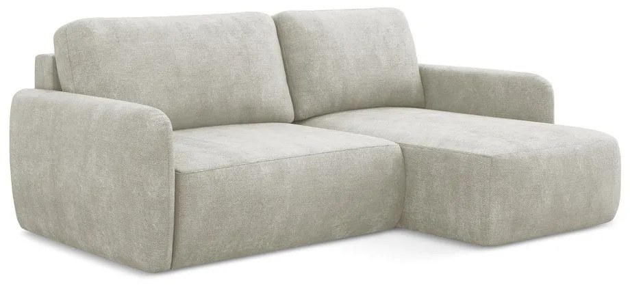 Kremowy narożnik rozkładany z tkaniny szenilowej ze schowkiem (prawostronny/z szezlongiem) Lilo – Makamii