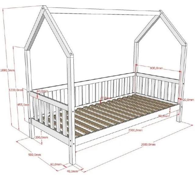 Białe łóżko dziecięce z litego drewna sosnowego w kształcie domku ze stelażem 90x200 cm Cabane – Vipack