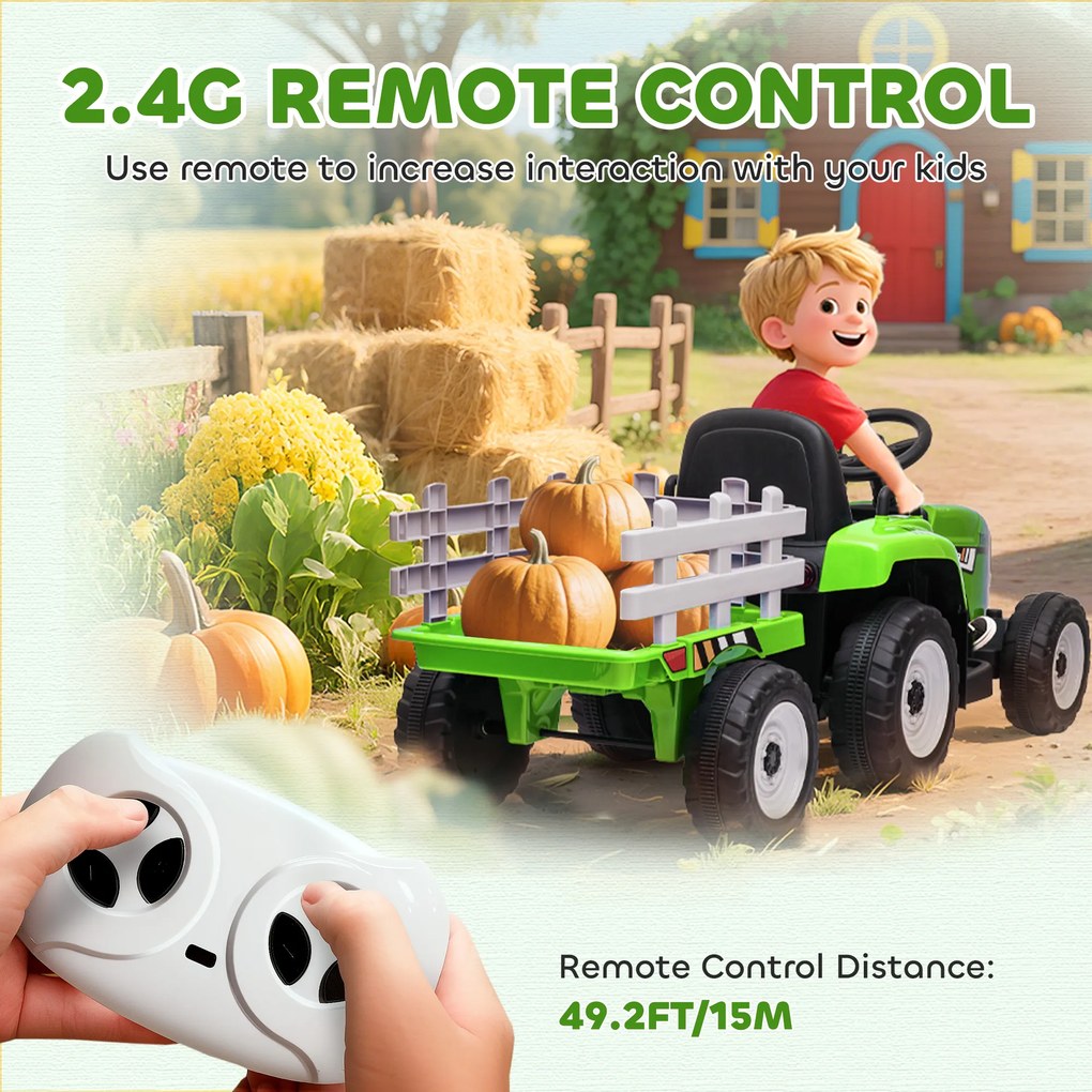 HOMCOM Elektryczne Auto dla Dzieci, Traktor z Przyczepą i Pilotem, Maksymalna Prędkość 6 km/h, Zielony + Czarny | Aosom PL