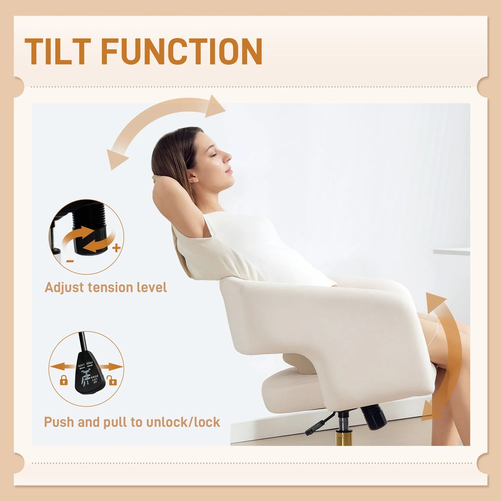 HOMCOM Krzesło Biurowe na Kółkach z Obiciem w Aksamit, Regulacja Wysokości, Funkcja Bujania, Kremowy