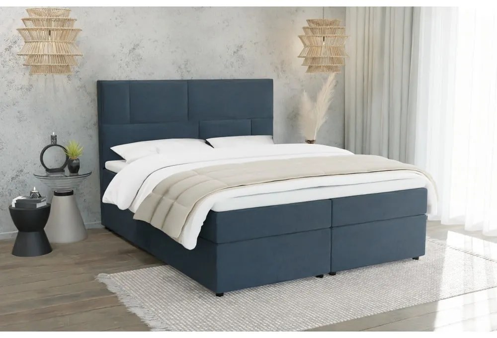 Ciemnoniebieskie łóżko boxspring ze schowkiem 180x200 cm Lola – Ropez