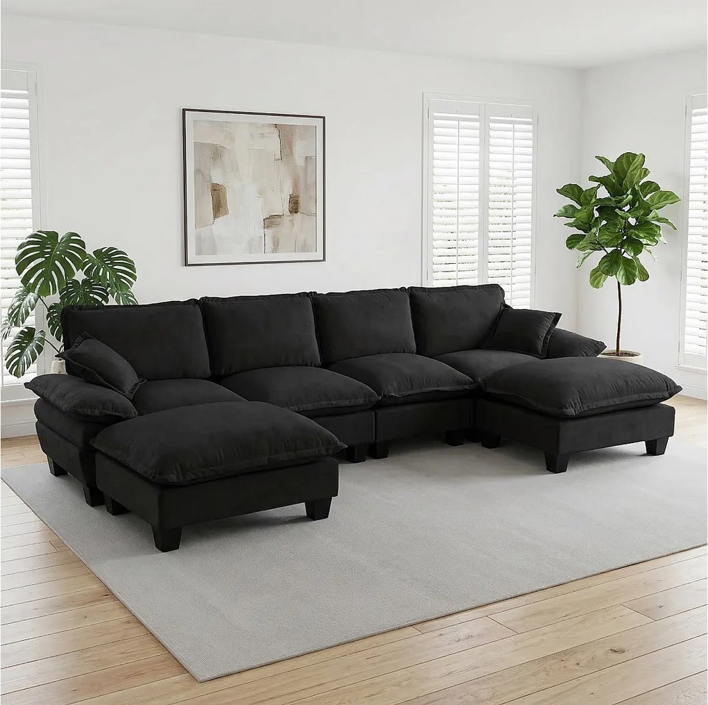4-osobowa sofa modułowa w kształcie U z ruchomymi pufami, z czarnej tkaniny szenilowej