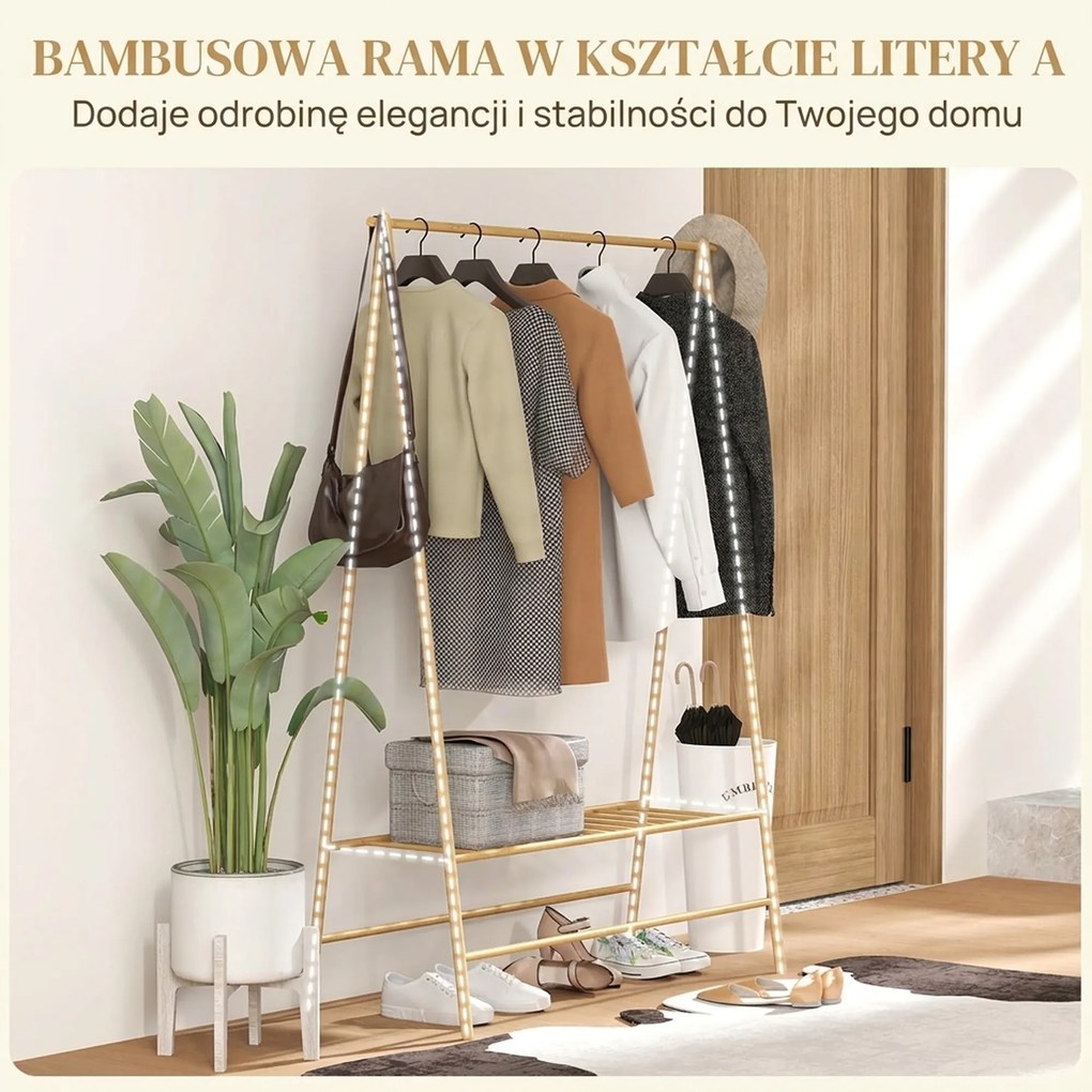HOMCOM Wieszak na Ubrania z Bambusa z Półką na Buty i Hakami, Wolnostojący, do Przedpokoju, Sypialni, Drewno Naturalne