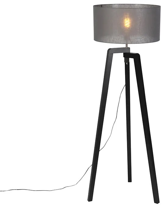 Lampa podłogowa trójnożna czarna drewno z szarym abażurem 50cm - Puros Nowoczesny Oswietlenie wewnetrzne