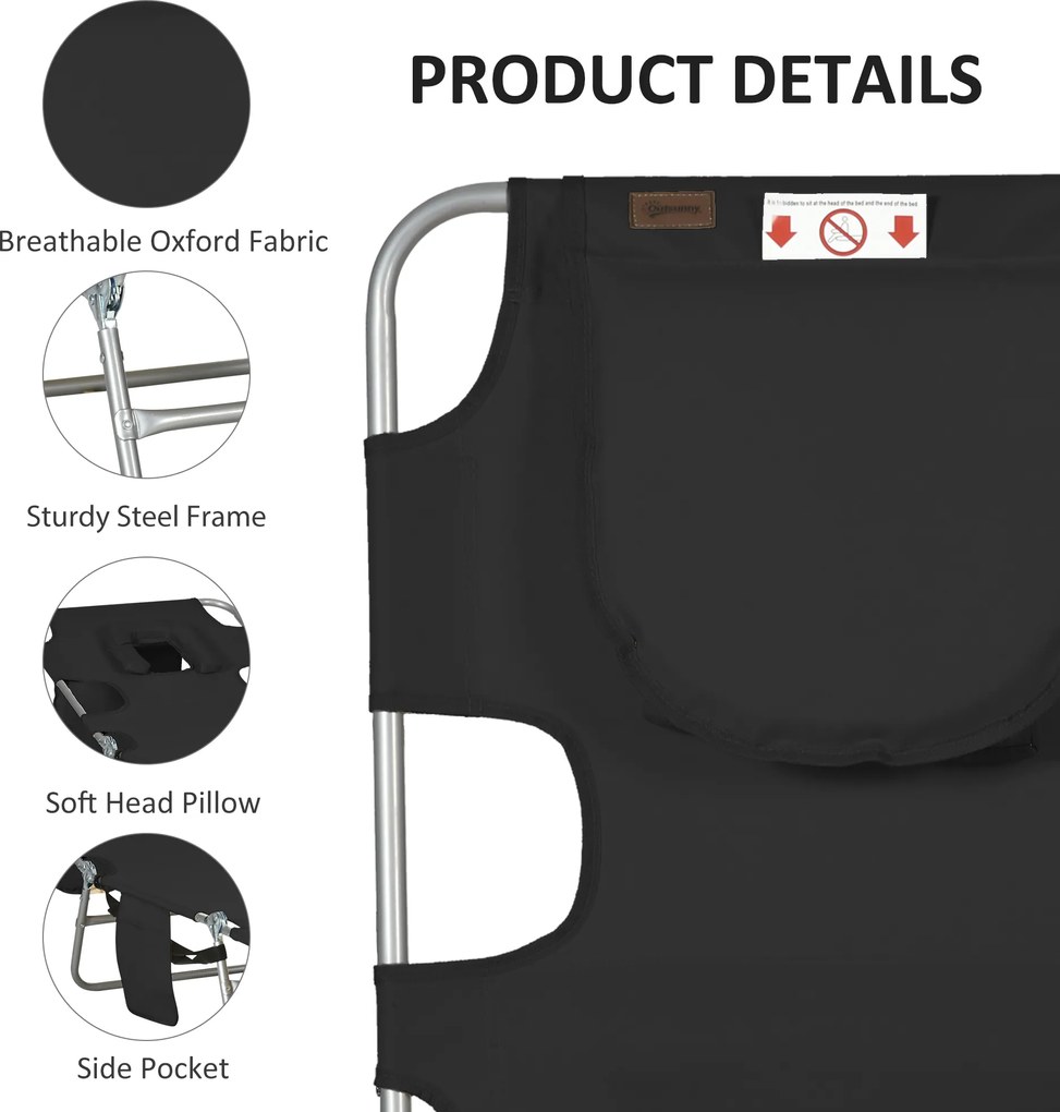 Outsunny Leżak ogrodowy, fotel leżak z wyściełanym otworem na twarz, leżanka masująca do użytku zewnętrznego, kieszeń boczna, tkanina, metal, czarny | Aosom PL