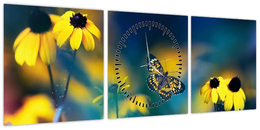 Obraz - Żółty motyl z kwiatami (z zegarem) (90x30 cm)