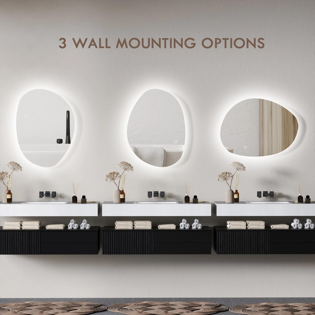 HOMCOM Asymetryczne lustro łazienkowe 70 x 50 cm z oświetleniem LED, dotykowym przełącznikiem, funkcją przeciw zaparowani i srebrnym wykończeniem