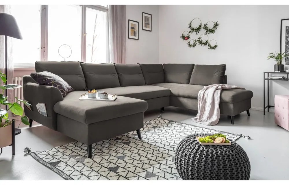 Ciemnoszara aksamitna rozkładana sofa w kształcie litery "U" Miuform Stylish Stan, prawostronna