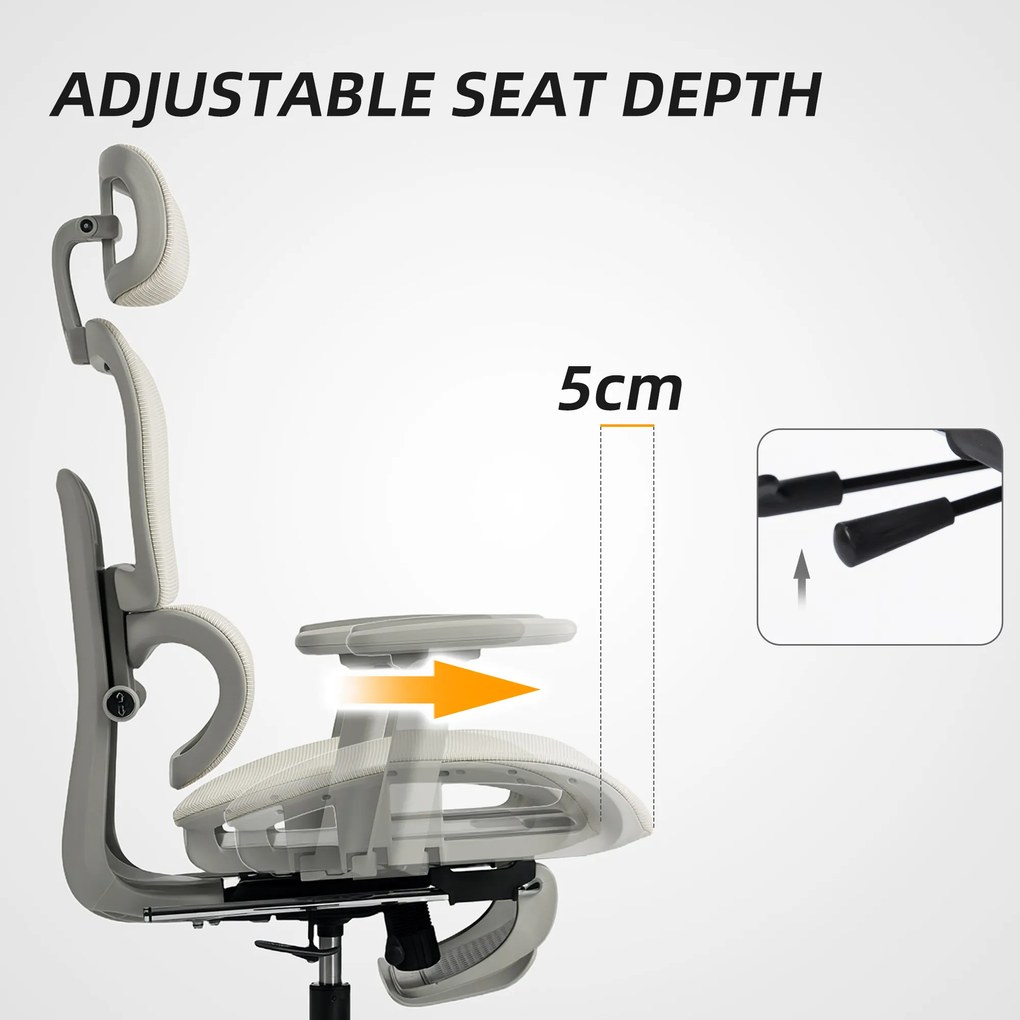 HOMCOM Fotel biurowy ergonomiczny z siatkowym obiciem, regulowany, na kółkach, z podłokietnikami i zagłówkiem, beżowy