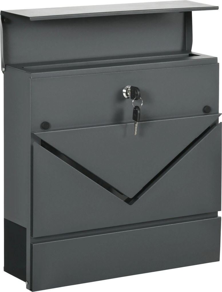 HOMCOM Skrzynka na Listy z Pokrywą, 2 Otwory Odpływowe, Stal, z Zamkiem, Szara
