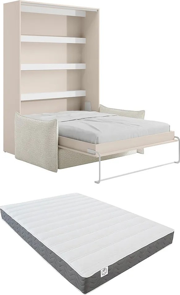 Łóżko chowane w szafie  160 x 200 cm - Otwierane pionowo ręcznie - Z oświetleniem LED - Beżowe + Materac + Kanapa - RAPILI