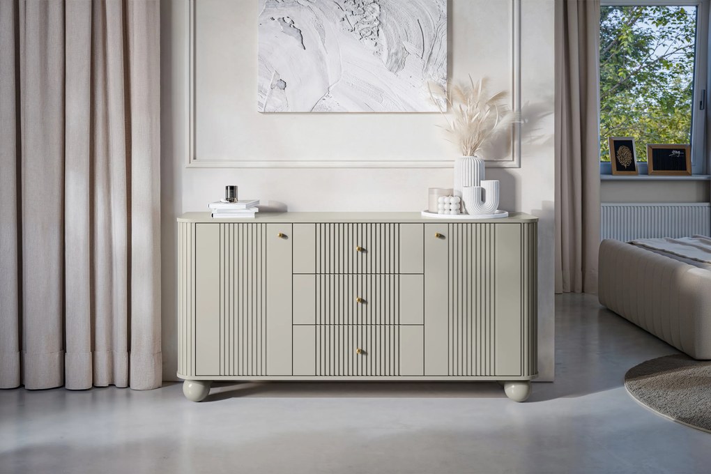 Komoda Vesper 160 cm z szufladami na kulach - kaszmir / złote uchwyty / nogi kule
