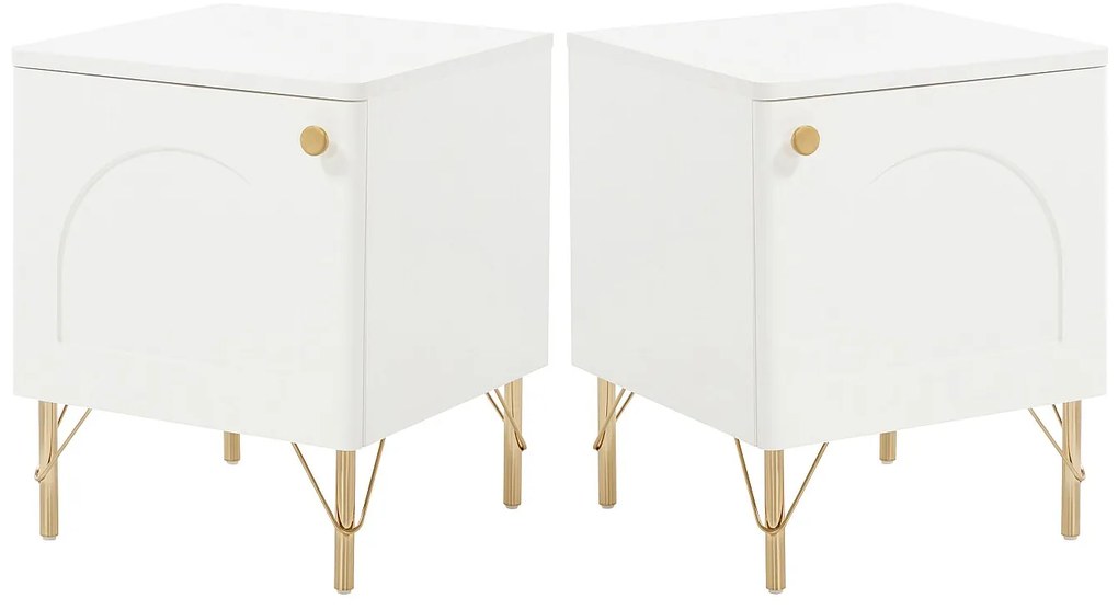 Zestaw 2 stolików nocnych 1-drzwiowych  - Biały i złoty - ALOBARA