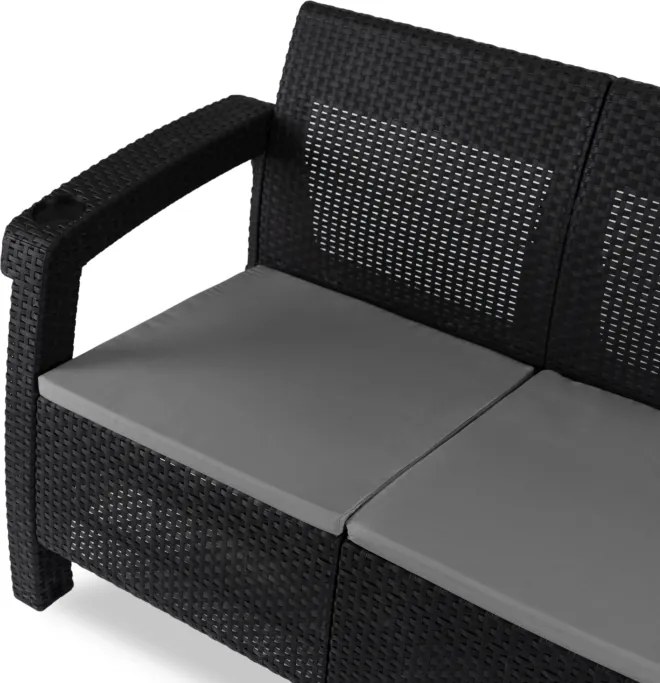 Sofa Ogrodowa FLINT Technorattan Czarna Trzyosobowa