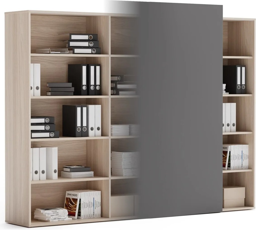 Regał biurowy z przesuwnym panelem BLOCK, 2390 x 400 x 1748, Dąb naturalny / grafitowy