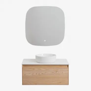 Zestaw Mebli Łazienkowych Z Drewna Jesionowego Tedrik Popielaty Brąz & Okrągły Ceramiczny Biały Ø40 Cm Lenka - Sklum