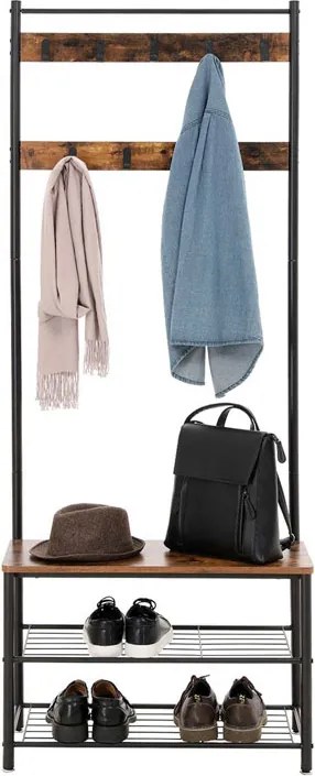 Wieszak z ławką i stojakiem na buty HENRY w stylu industrialnym, 32x70x175 cm, brązowy/czarny Vasagle