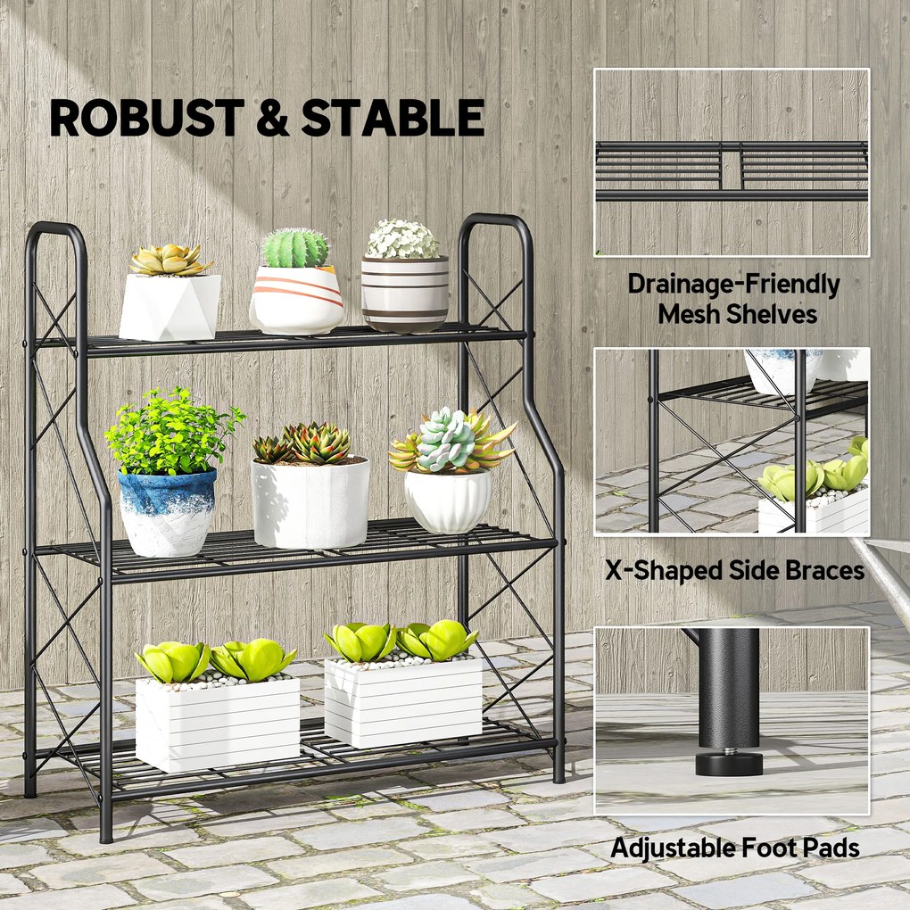 Outsunny 3-poziomowy stojak na rośliny, 78 cm wysoki stojak na kwiaty z uchwytami, metalowy regał na rośliny, czarny | Aosom PL