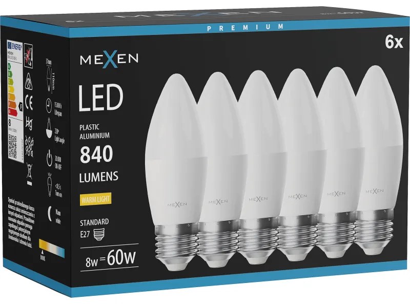 Mexen Nova 6x żarówka LED E27, C37, 8W, Ciepła - 3000K, 840 lm - L102-E27-0830-01x06