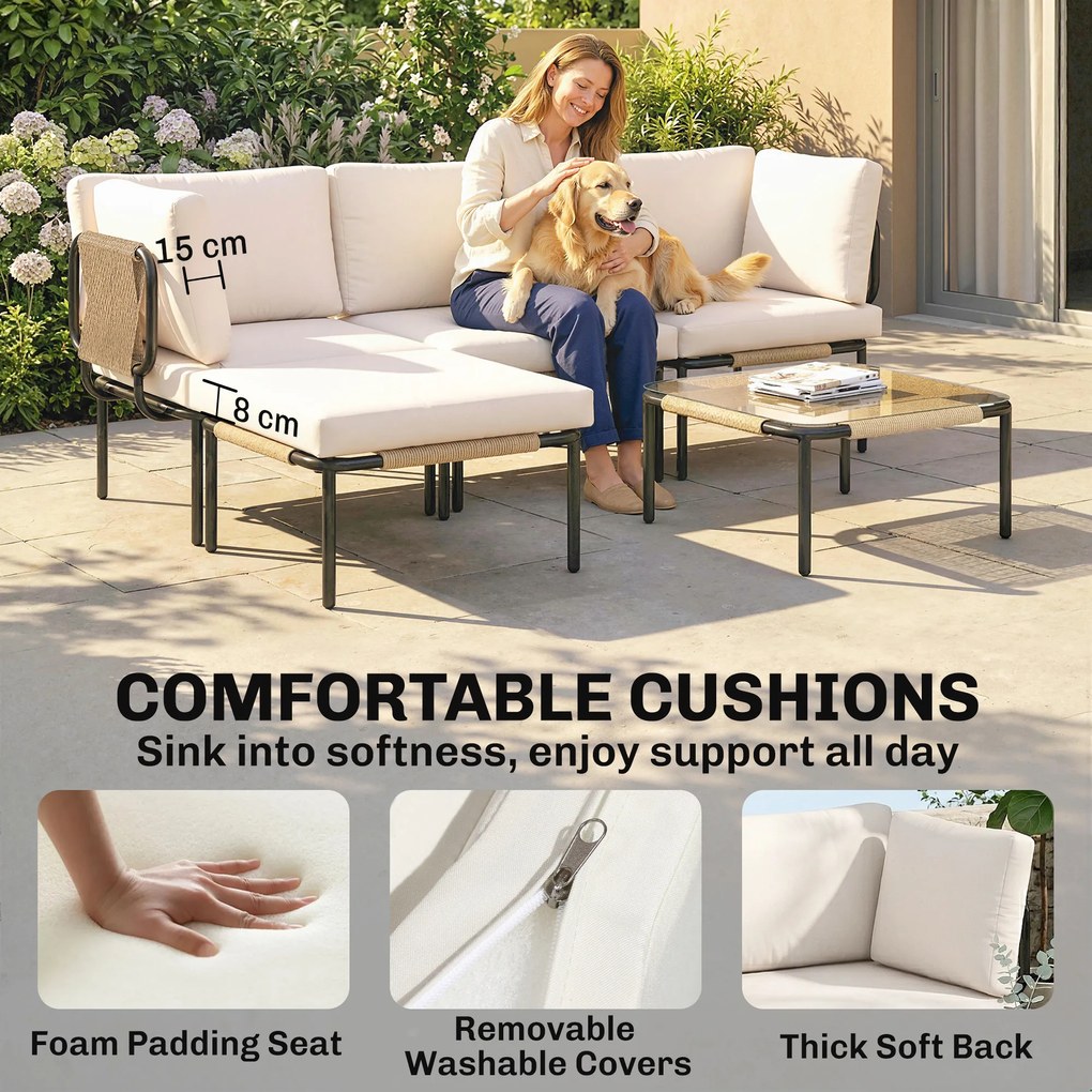 Outsunny Zestaw mebli z polirattanu 5-częściowy, 3 fotele, stolik ze szkła, podnóżek, szerokie i głębokie siedziska, zdejmowane poduszki | Aosom PL