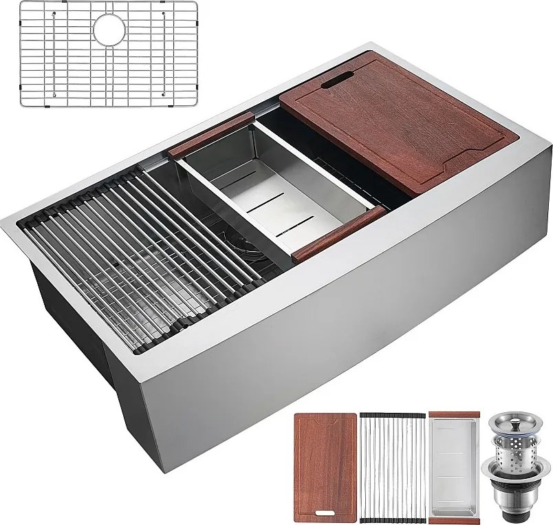 Zlew kuchenny SucceBuy Zlew Kuchenny w Stylu Rustykalnym 304 ze Stali Nierdzewnej Podblatowy Jednokomorowy 76 x 56 x 23 Cm